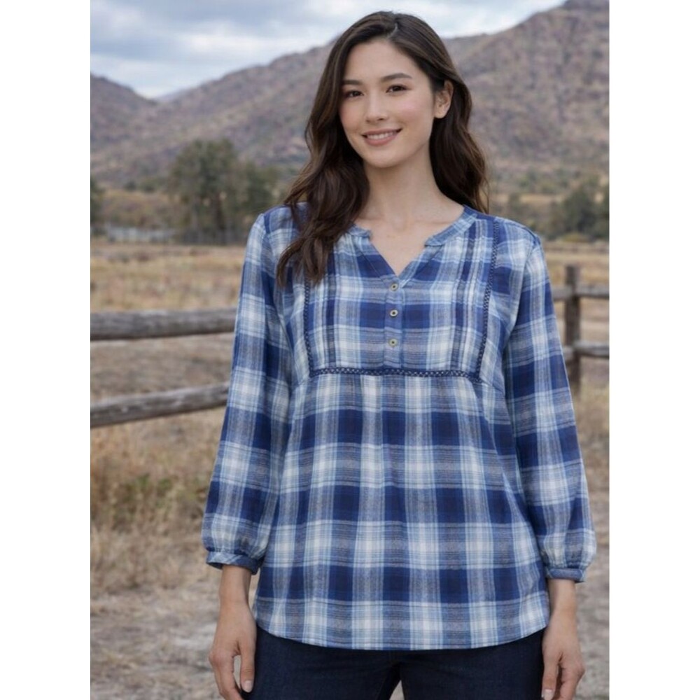 Wrangler Blue Plaid Boho Peasant Western Top V Neck Embroidered Flowy Blouse XL